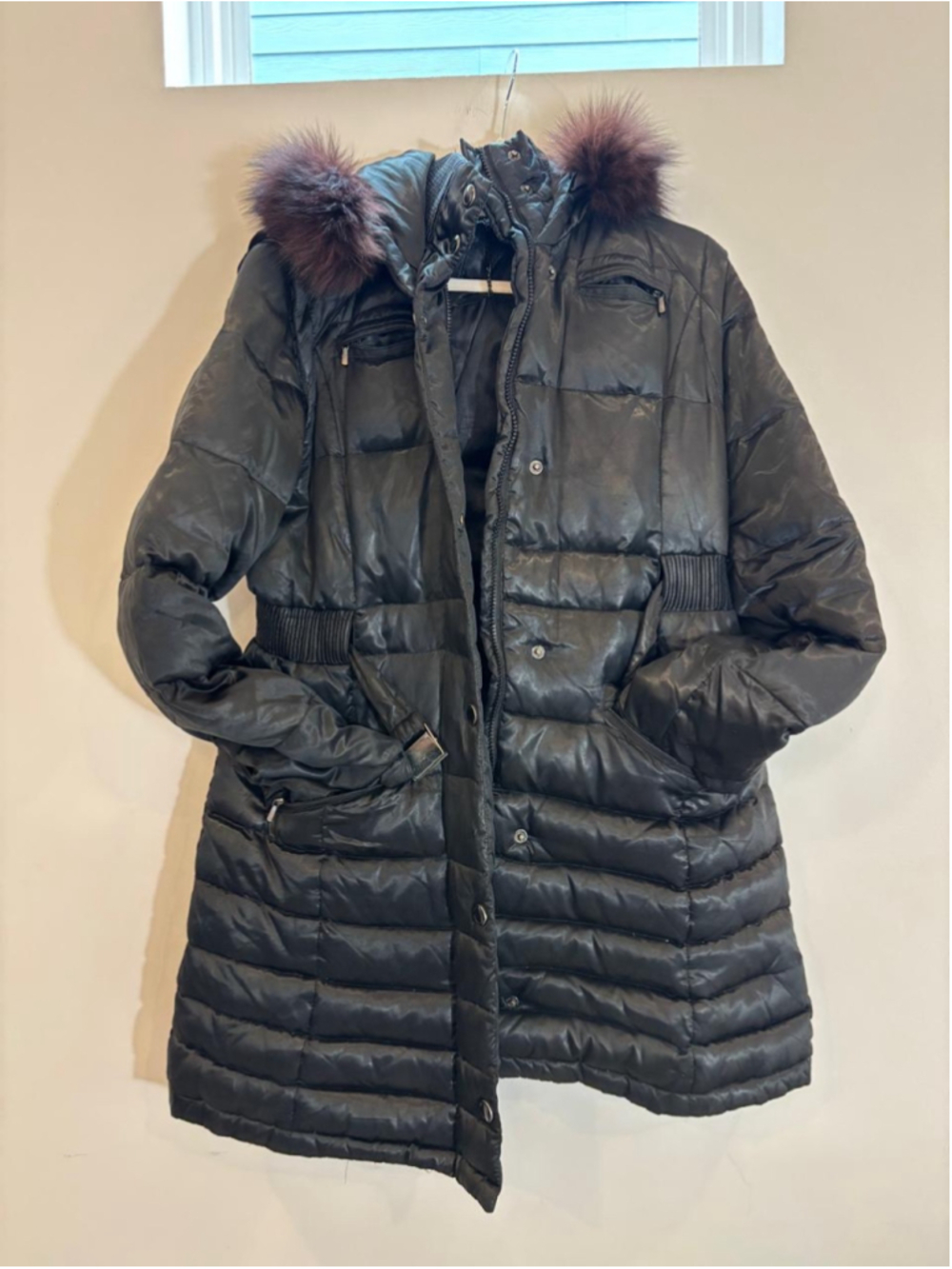 Women's 1 Madison Black Puffer Coat with Faux Fur Hood, Size M #C54